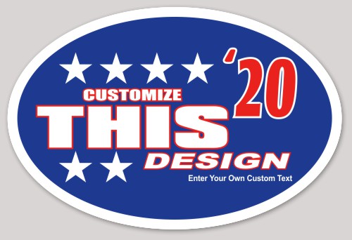 Oval Sticker with Blue Background and Bold Text